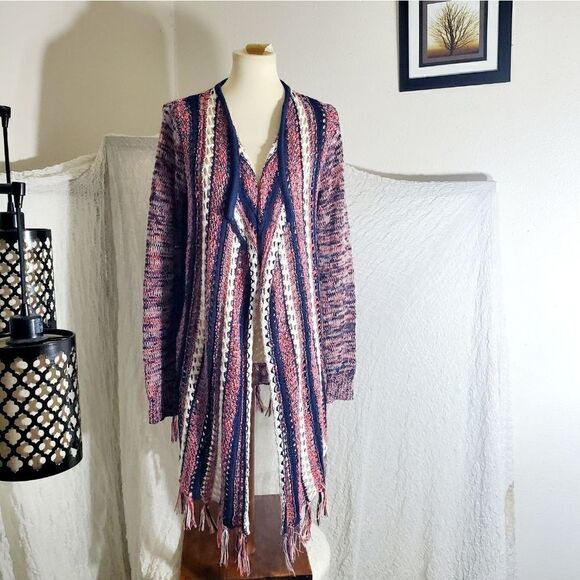 Vanity Open Knit Fringed Sweater Cardigan Size Medium - Picture 2 of 12